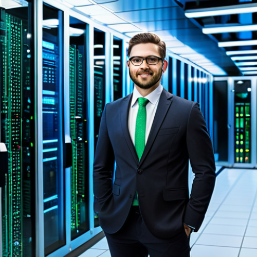 Home 4 A professional tech manager, in a smart business suit, stands confidently in a modern data center, surrounded by sleek server racks illuminated by cool blue and green lights. A transparent holographic interface in the foreground displays intricate data visualizations, including real-time resource usage graphs, cost optimization metrics, and automated deployment pipelines. The scene emphasizes technological efficiency and intelligent monitoring. fully clothed, appropriate attire, safe for work, perfect anatomy, correct proportions, professional dress, natural pose, well-formed hands, proper finger count, high-resolution, digital art, family-friendly, appropriate content.