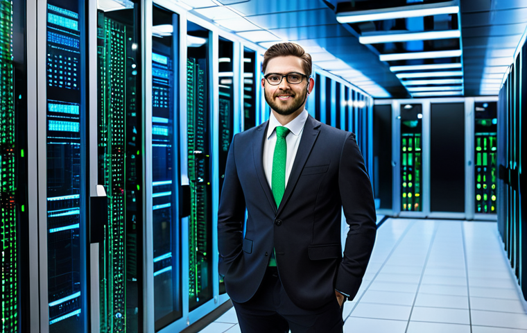A professional tech manager, in a smart business suit, stands confidently in a modern data center, surrounded by sleek server racks illuminated by cool blue and green lights. A transparent holographic interface in the foreground displays intricate data visualizations, including real-time resource usage graphs, cost optimization metrics, and automated deployment pipelines. The scene emphasizes technological efficiency and intelligent monitoring. fully clothed, appropriate attire, safe for work, perfect anatomy, correct proportions, professional dress, natural pose, well-formed hands, proper finger count, high-resolution, digital art, family-friendly, appropriate content.