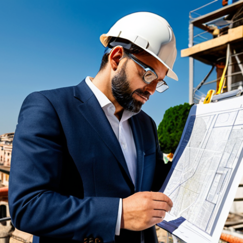 Home 10 ** A professional architect, fully clothed in stylish but modest attire, reviewing blueprints on a sunlit construction site in Rome. Perfect anatomy, natural pose, well-formed hands, appropriate content, safe for work, high quality.
**