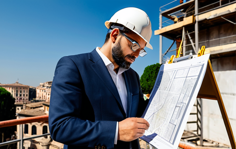 ** A professional architect, fully clothed in stylish but modest attire, reviewing blueprints on a sunlit construction site in Rome. Perfect anatomy, natural pose, well-formed hands, appropriate content, safe for work, high quality.
**