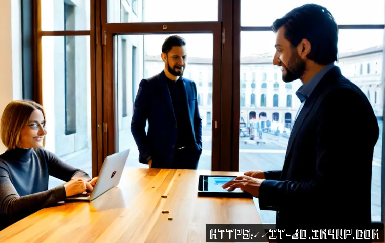 기술 공유 플랫폼과 블록체인 기술의 접목 - Photorealistic modern Italian co-working space in Milan, diverse technology professionals sharing ex...